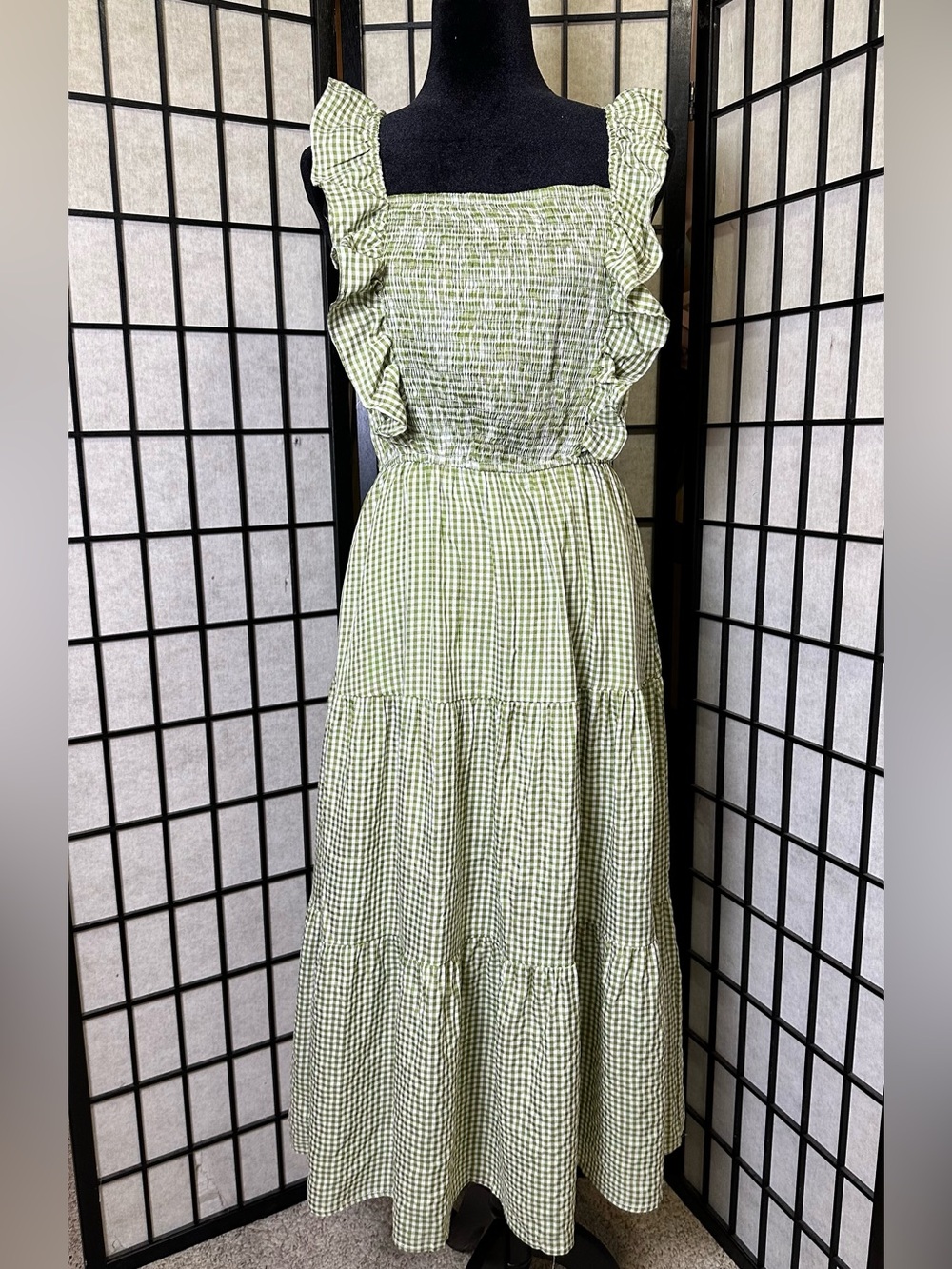 HAYDEN Sage Green and White Gingham Ruffle Midi Dress